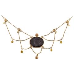 Coffee Brown Carved Onyx Gold Necklace with Classic Face 3