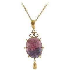 Irregular Shaped Purple Sunset Sapphire Hammered Gold Pendant