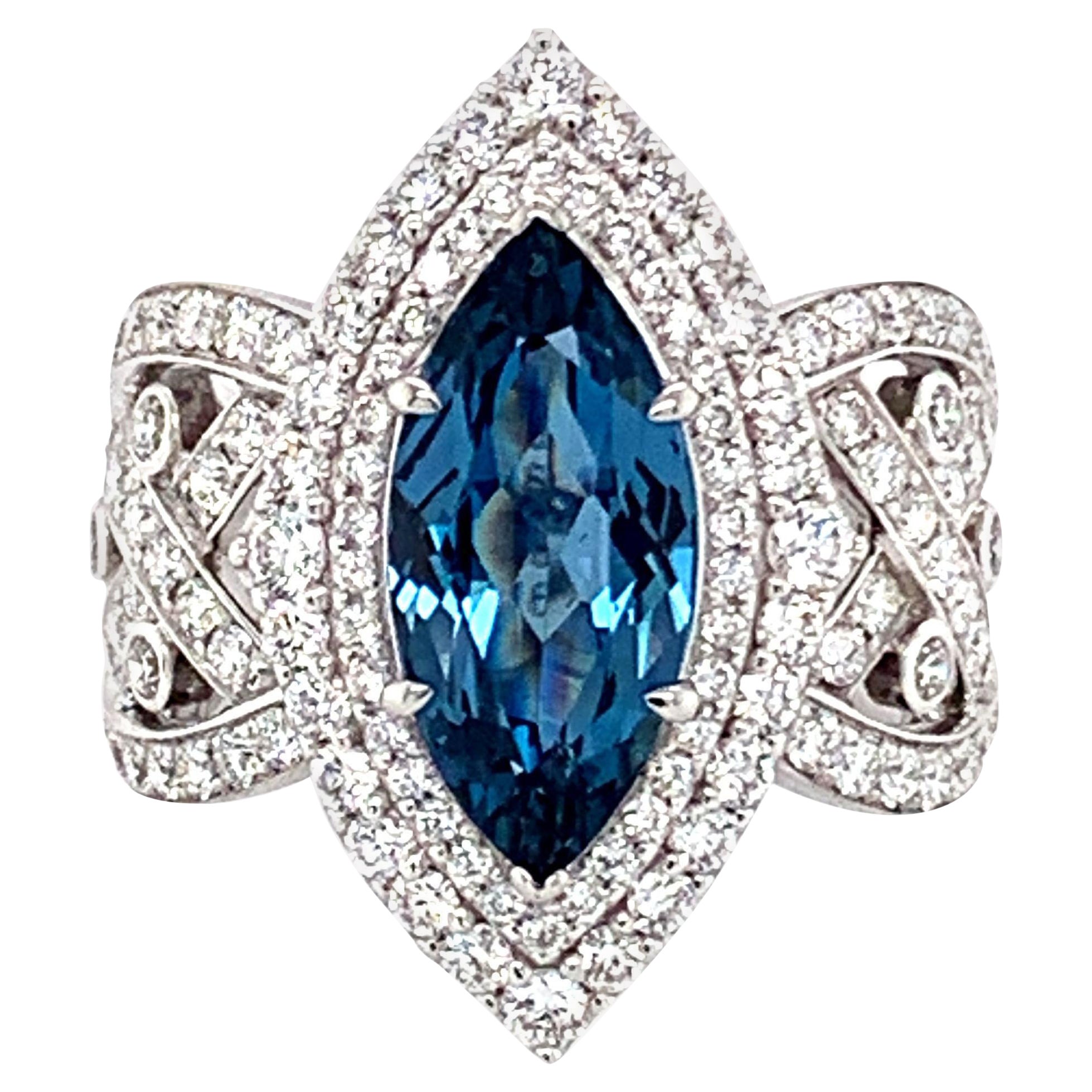 Danuta Blue Zircon 3.18 1.82 Carat Diamond Engagement Ring For Sale