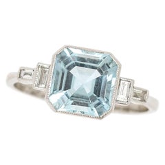 Art Deco Style Platinum Square Cut Aquamarine and Baguette Diamond Ring