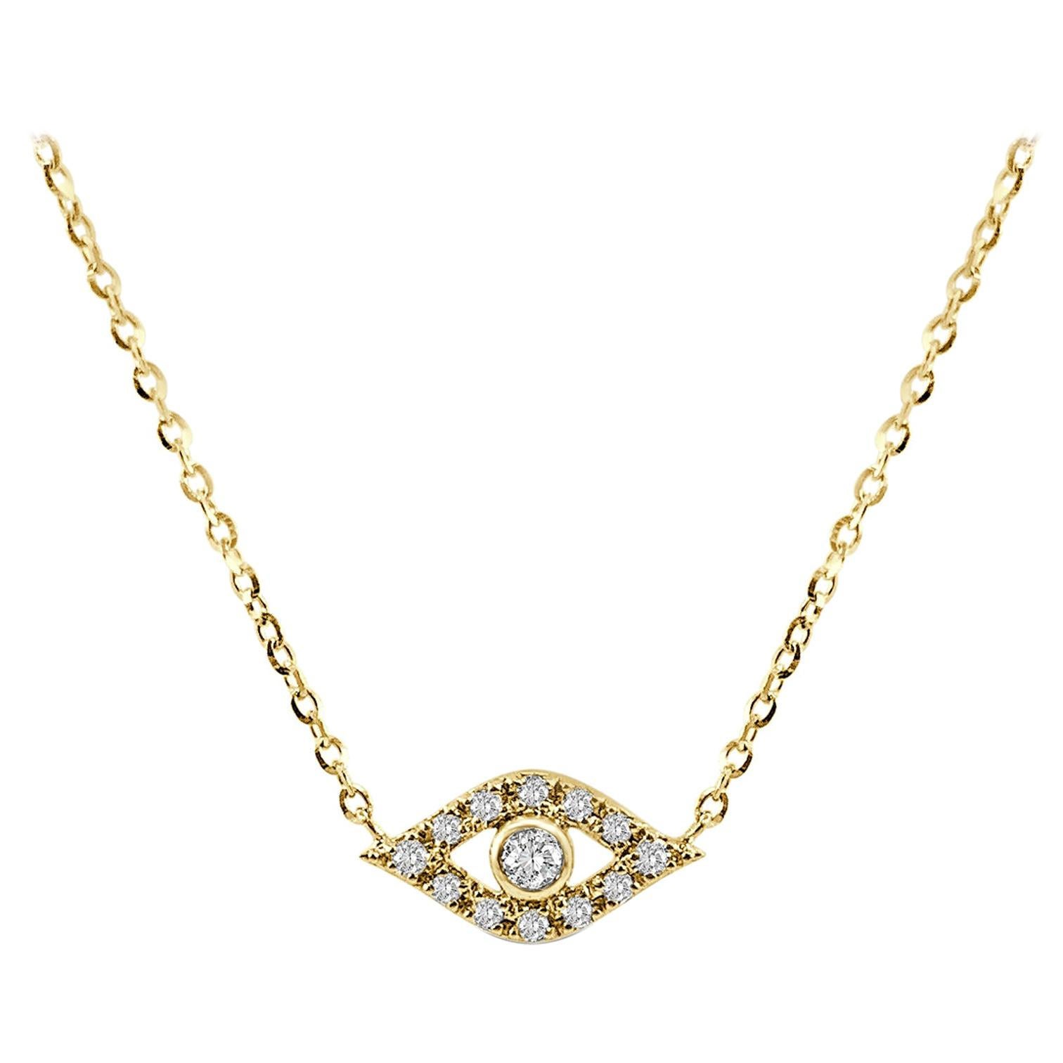 14 Karat Yellow Gold 0.08 Carat Diamond Evil Eye Necklace