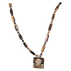 Tiger Eye Necklace With Articulated 14ct Gold Portrait Pendant