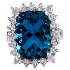 12,90 Quilates Natural Impresionante Topacio Azul de Londres y Diamante Anillo de Oro de 14 Kilates