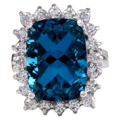 12.90 Carat Natural Impressive London Blue Topaz and Diamond 14 Karat Gold Ring