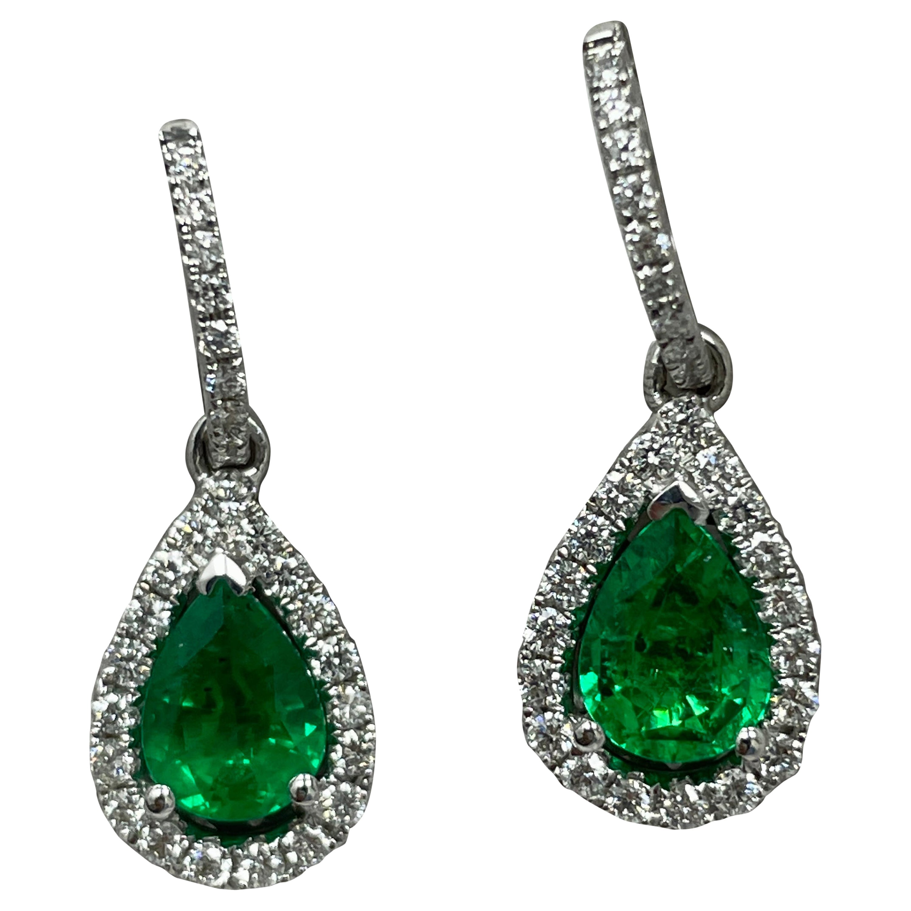 1.80 Carat Emerald, Diamond & White Gold Earrings For Sale