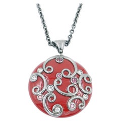 Silver Red Enamel Round Pendant with White Topaz and Garnet