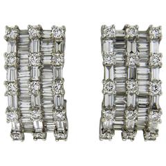 Vintage Round Baguette Diamond Gold Half Hoop Earrings