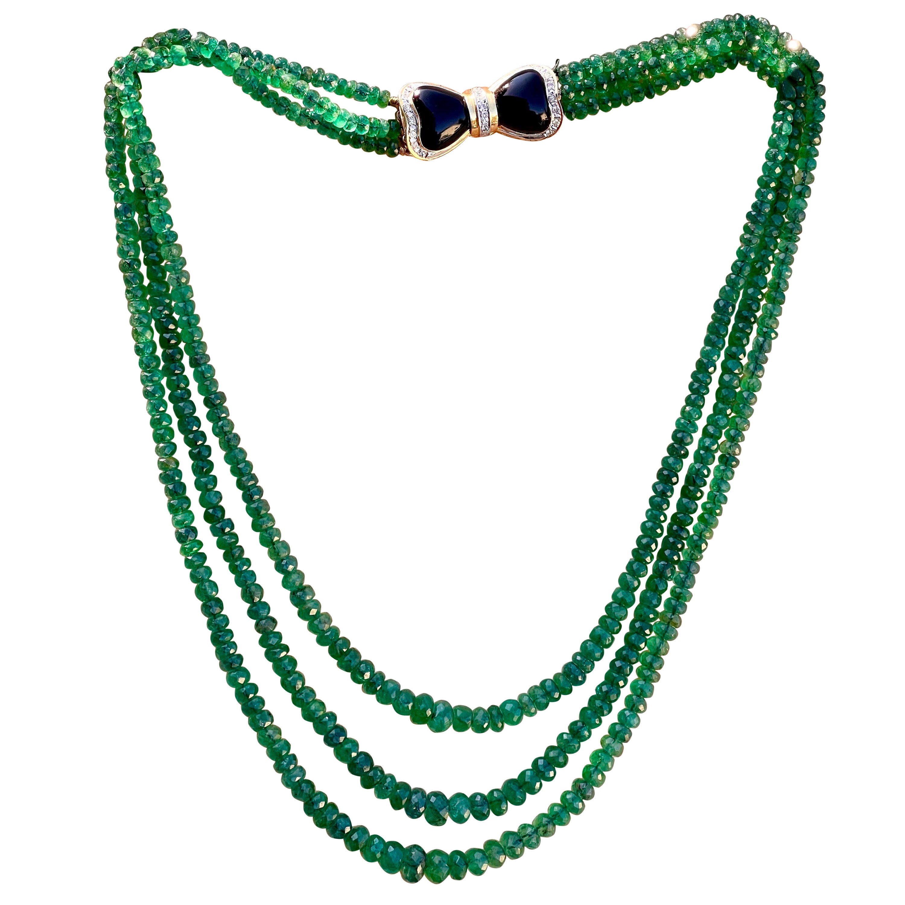 240 Ct Fine Natural Emerald Beads 3 Line Necklace with Black Onyx 14 Kt G Clasp