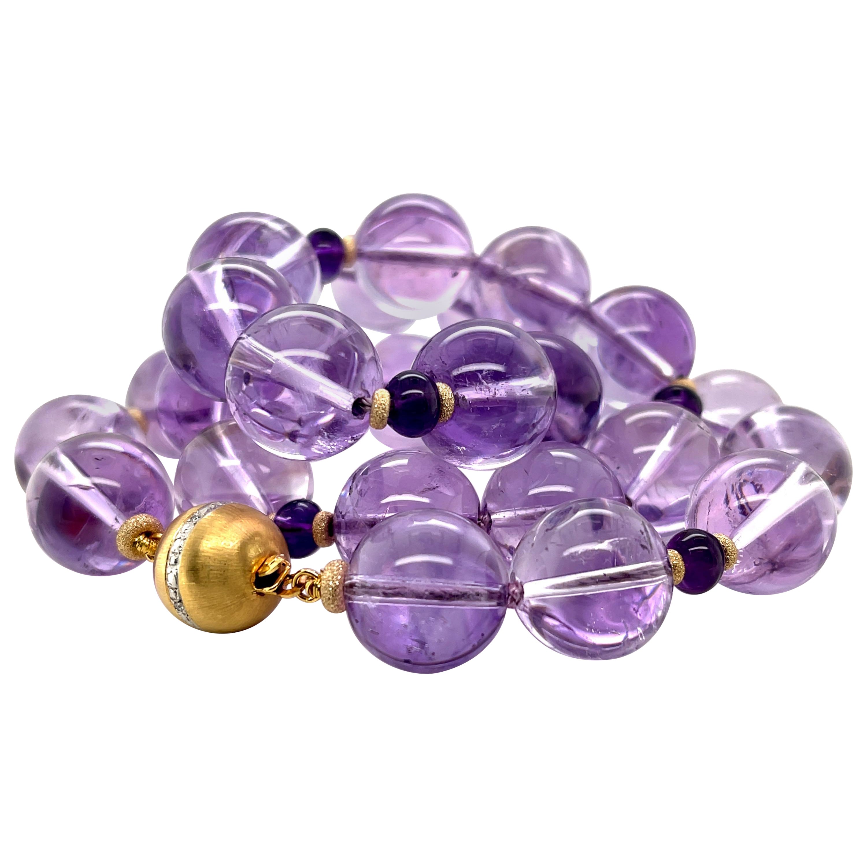 Rose De France Amethyst Beaded Necklace with Diamond & Yellow Gold Accents For Sale