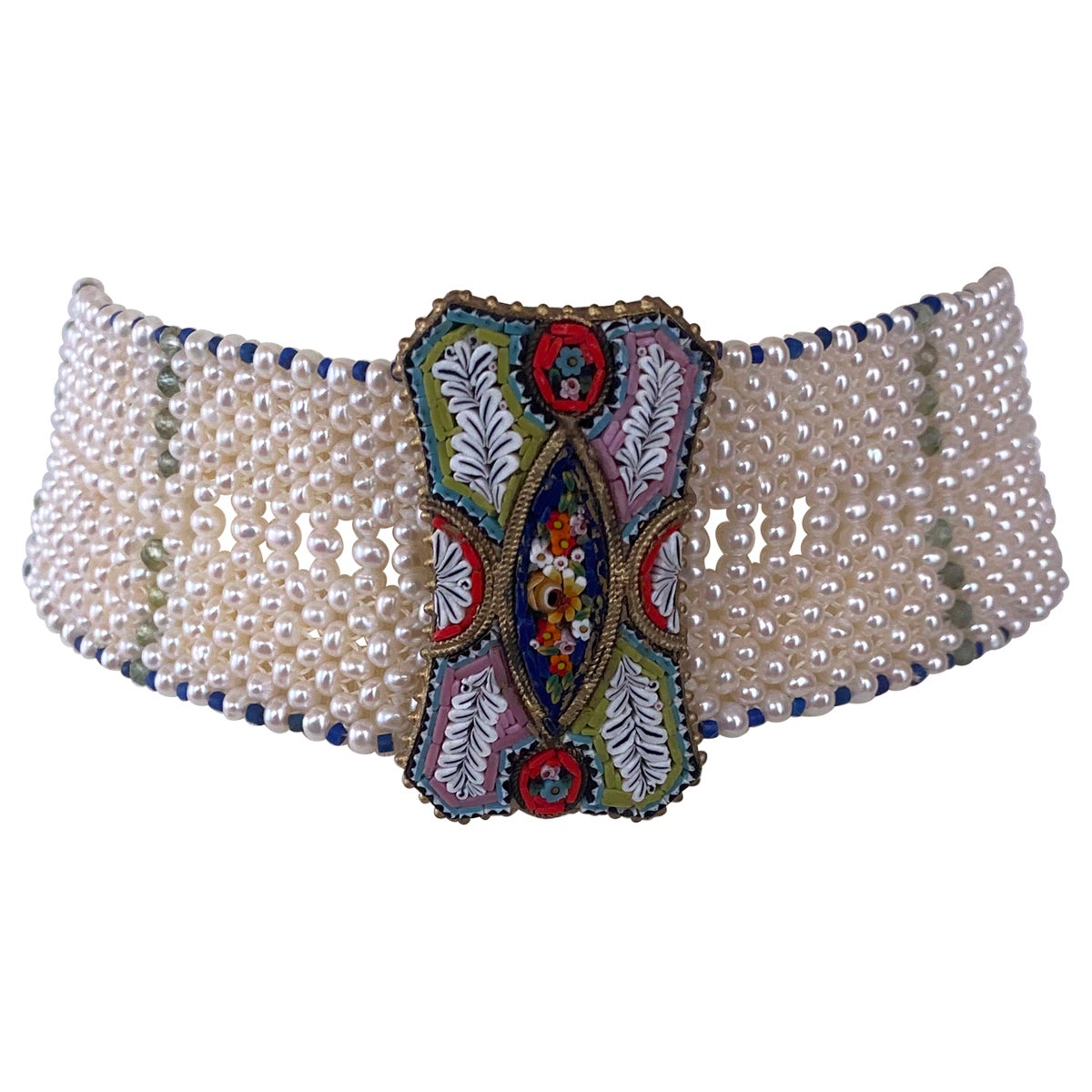 Marina J. Woven Pearl Choker with Mosaic Centerpiece, Lapis and Green Apatite For Sale