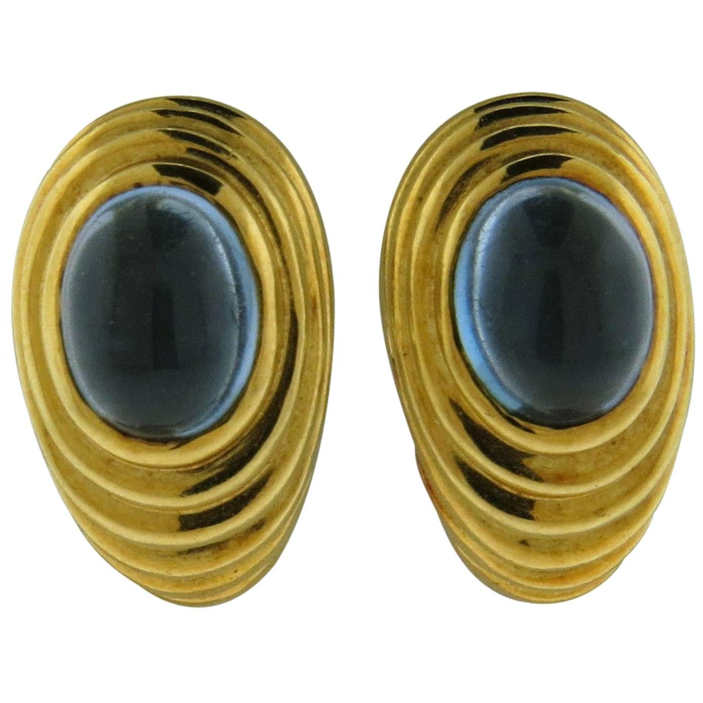 Bulgari Blue Gemstone Cabochon Gold Earrings