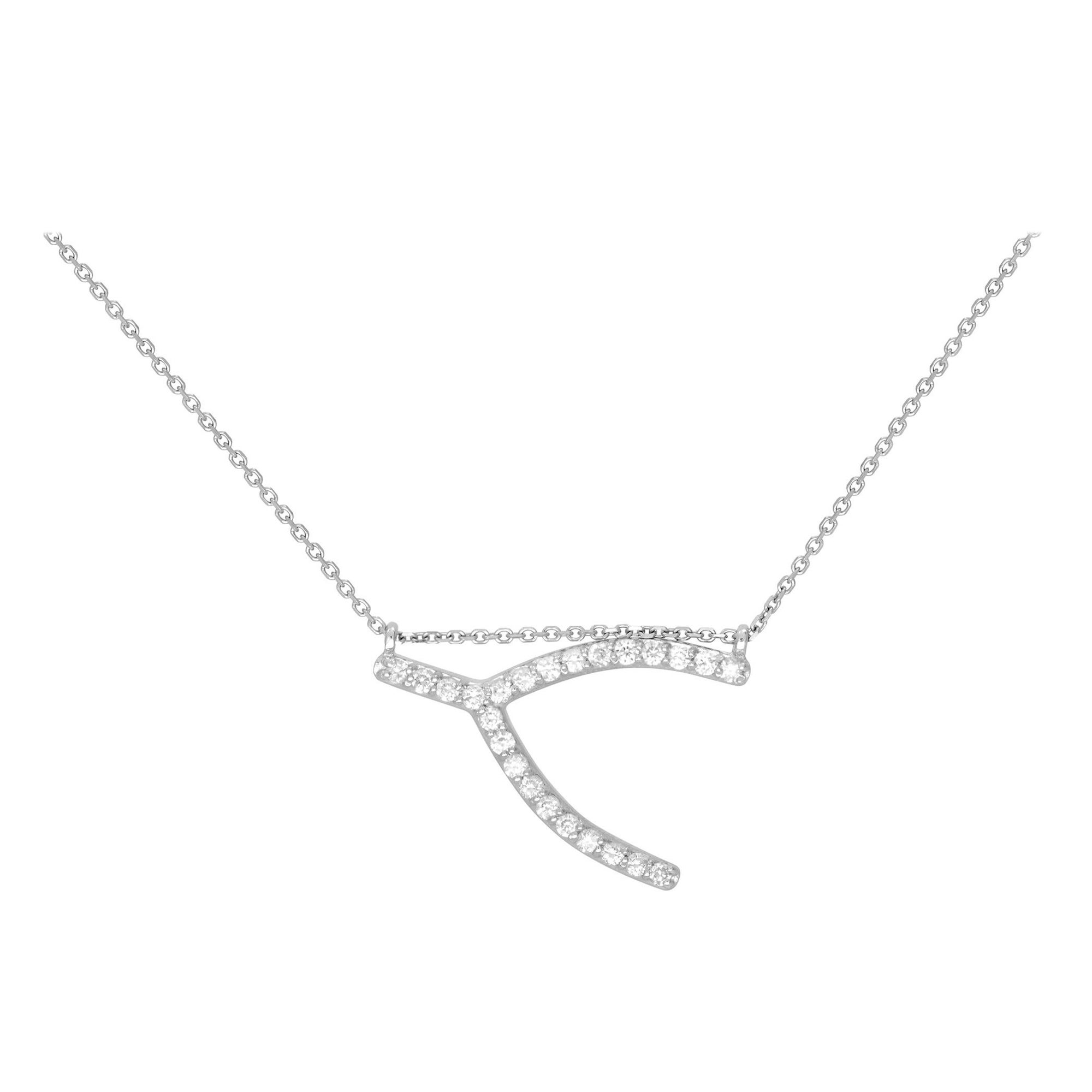 Rachel Koen Sideways Wishbone Necklace 14K White Gold 0.24Cttw For Sale