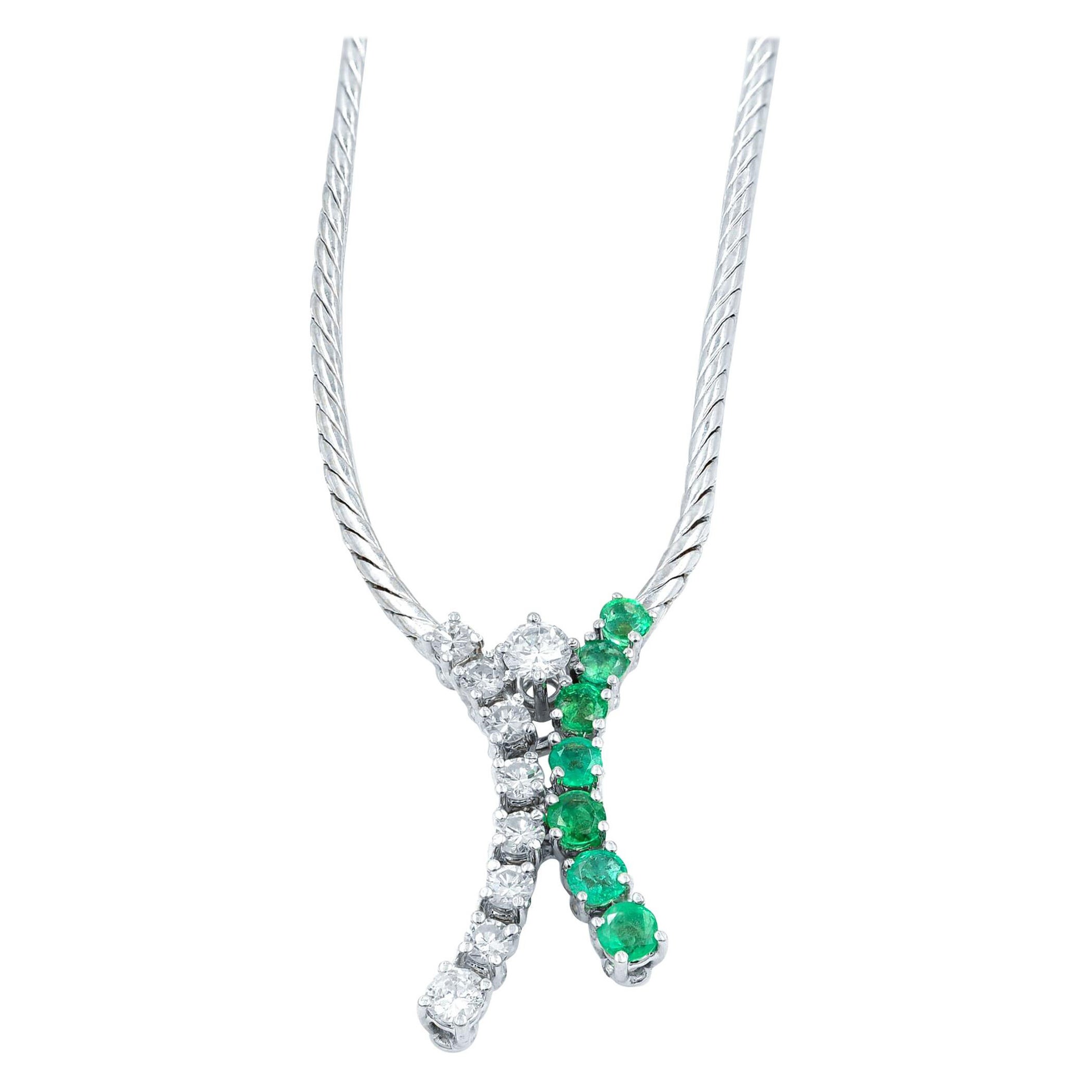 Rachel Koen Emerald Diamond Necklace 14K White Gold 0.20cttw For Sale