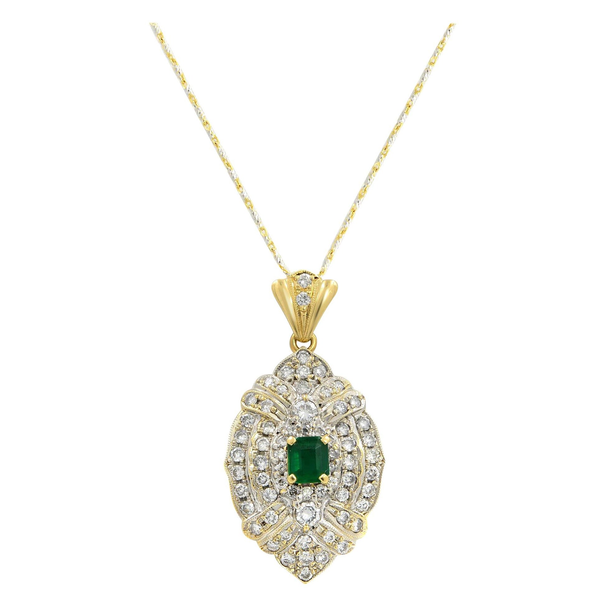 14 Karat and 18 Karat Gold Diamond 2.00 Carat Emerald Pendant Necklace