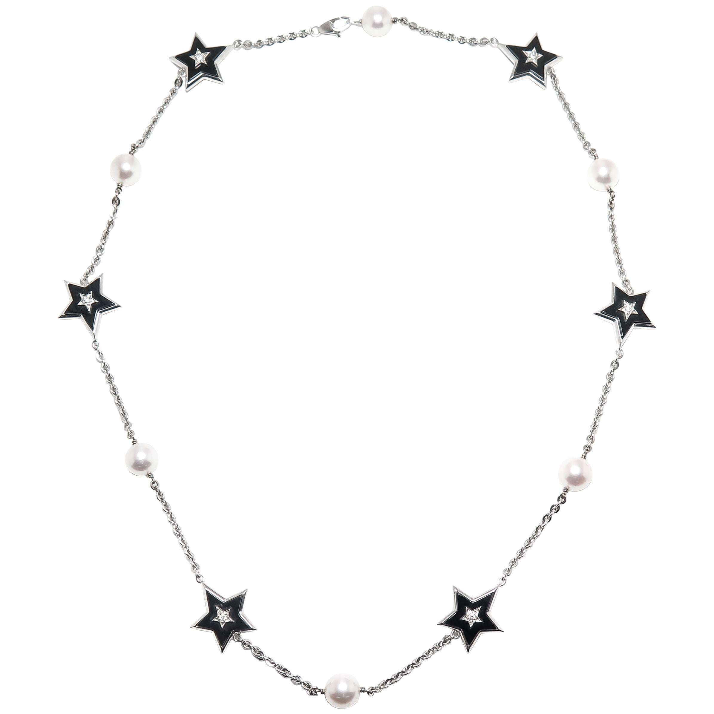 Chanel Onyx Pearl Diamond Gold Stars Necklace