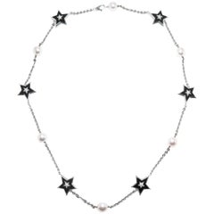 Chanel Onyx Pearl Diamond Gold Stars Necklace