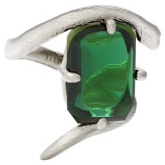 Eighteen Karat White Gold Snake Pinky Ring with Natural Green Tourmaline