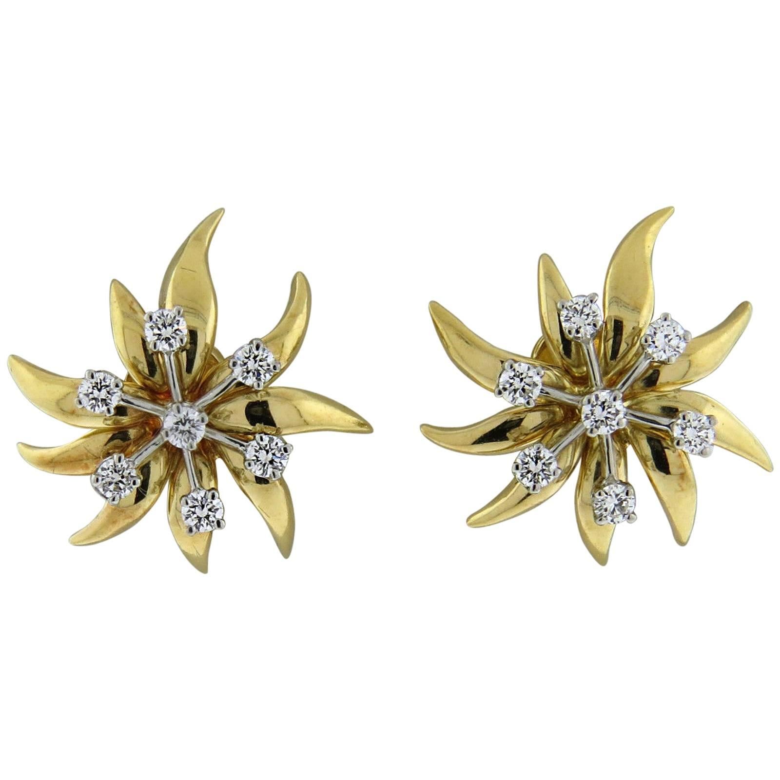 Tiffany & Co. Schlumberger Diamond Gold Platinum Flame Earrings