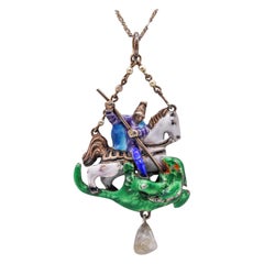 Austrian-Hungarian 1900 Enameled St George and the Dragon in 935 Sterling Silver