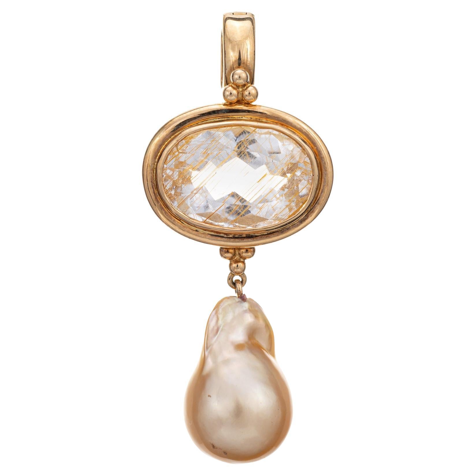 Golden Baroque Pearl Drop Pendant Rutilated Quartz 14k Yellow Gold Jewelry