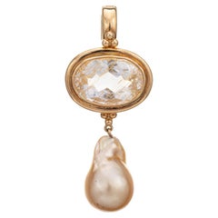 Vintage Golden Baroque Pearl Drop Pendant Rutilated Quartz 14k Yellow Gold Jewelry