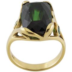 Deep Green Emerald Cut Tourmaline Gold Ring 