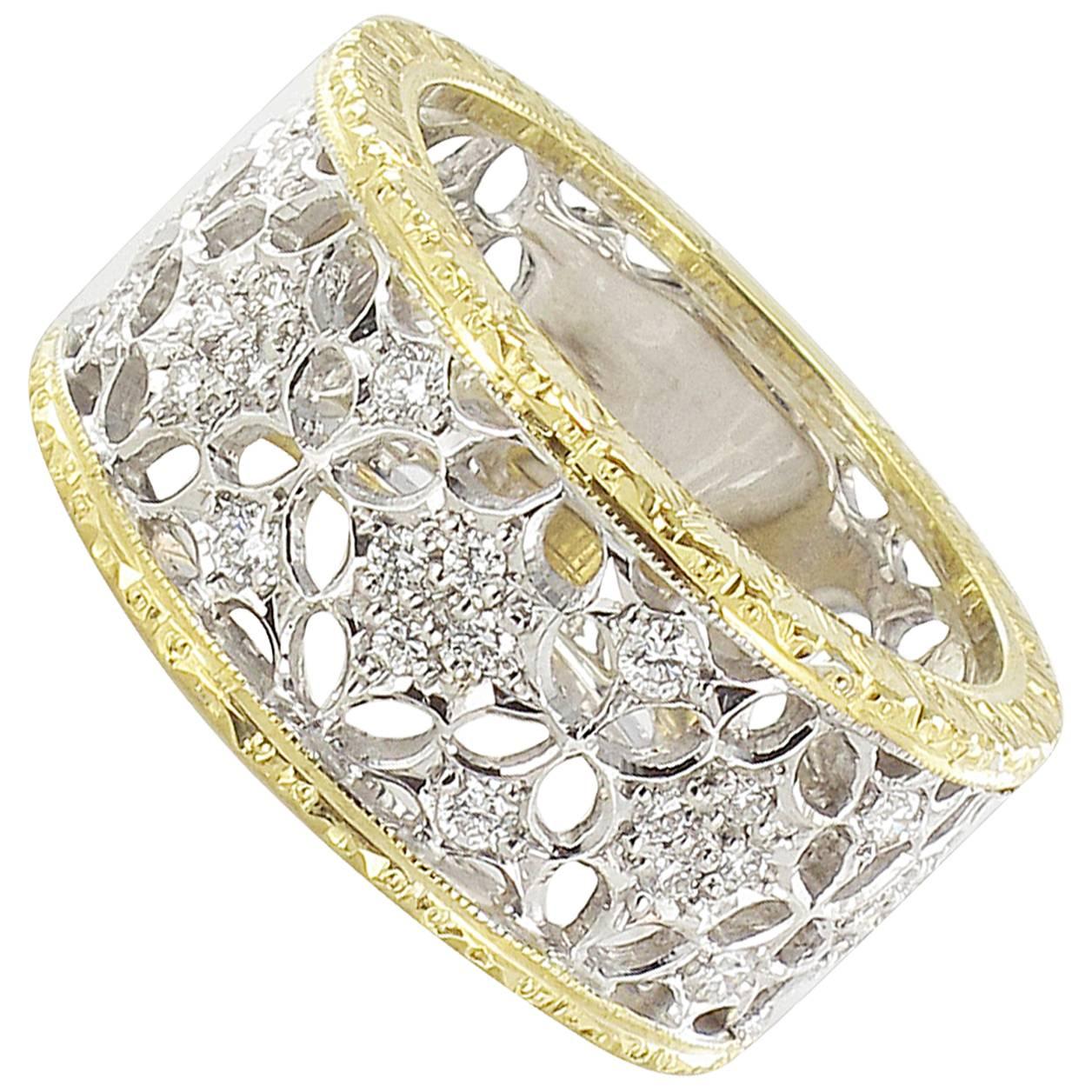 New Diamond Two Color Gold Filigree Band Ring