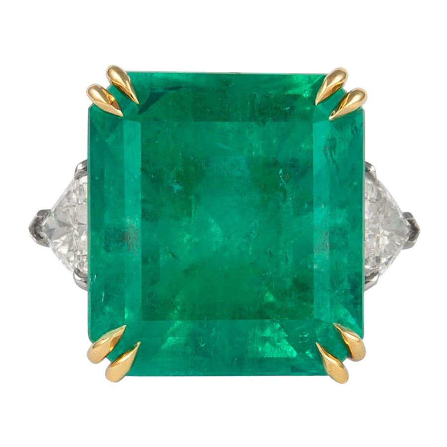 Alexander GIA Certified 24.25ct Colombian Emerald & Diamond 3-Stone Ring For Sale