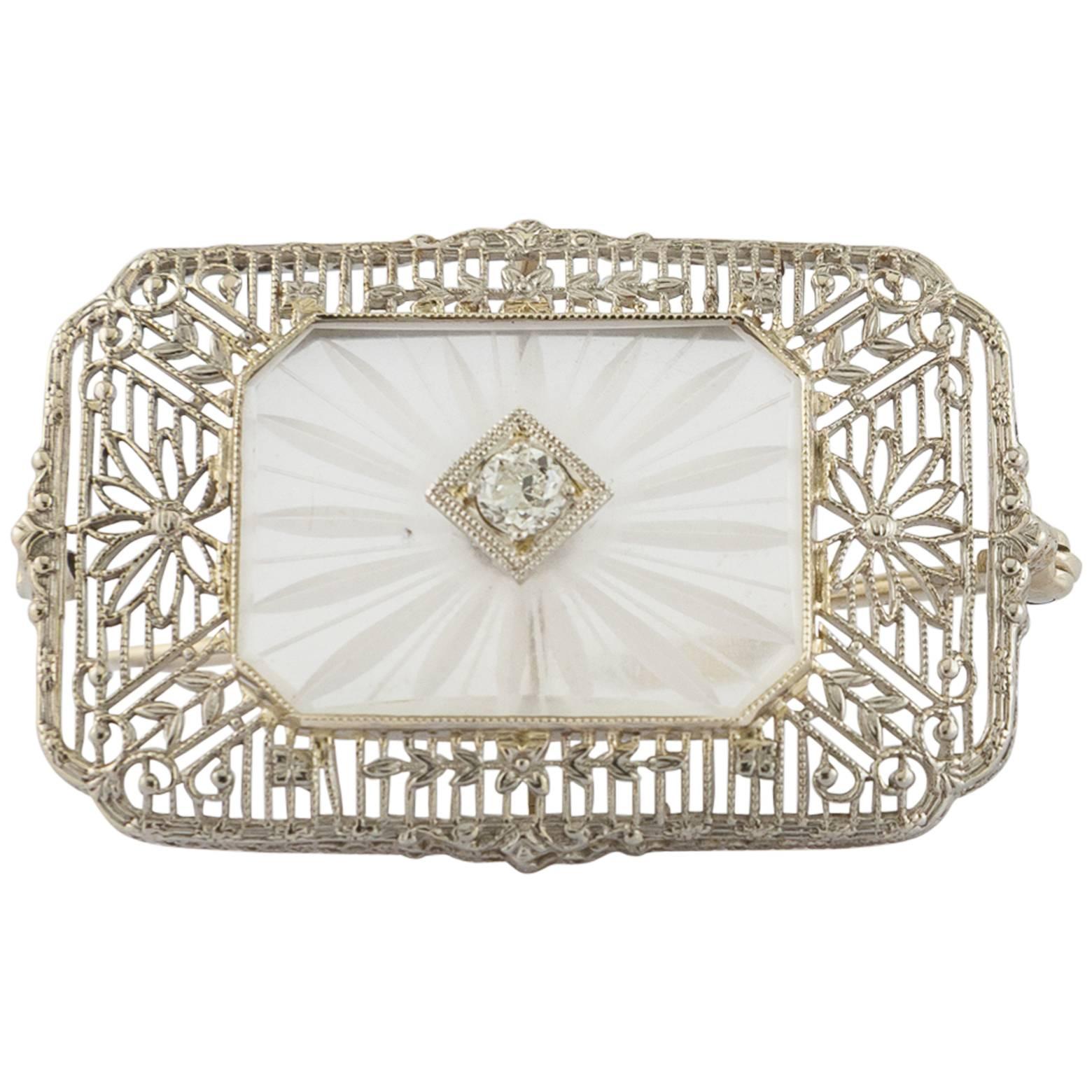Antique Camphor Glass Diamond Gold Filigree Pin 1930s Art Deco