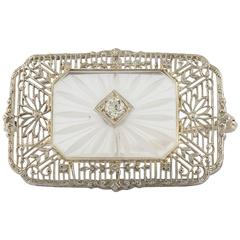 Vintage Camphor Glass Diamond Gold Filigree Pin 1930s Art Deco