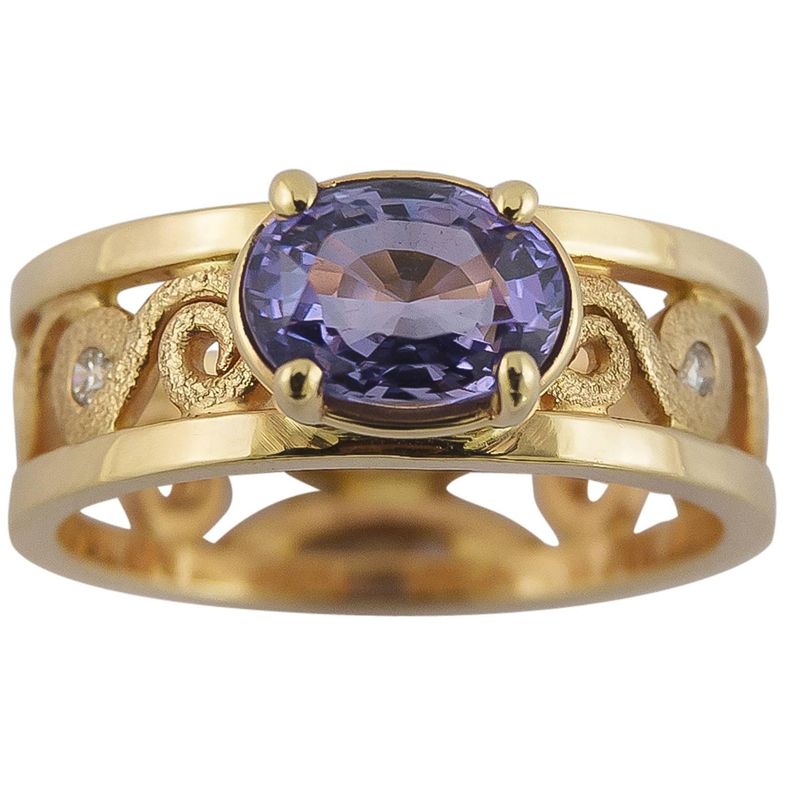 Purple Indigo Sapphire Diamond Gold Ring with Spirals
