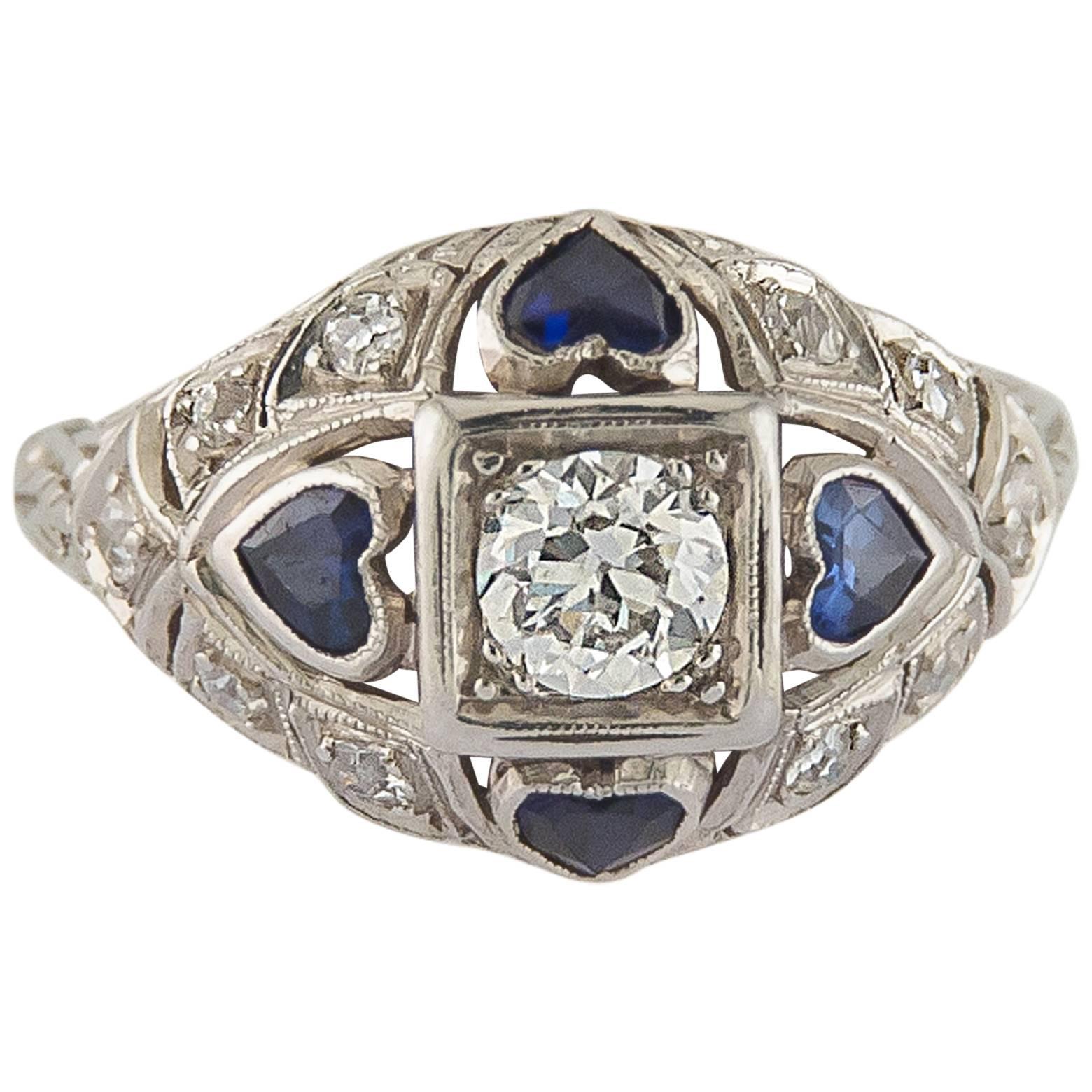Antique Sapphire Diamond Heart Ring with Diamond Pave and Platinum Filigree