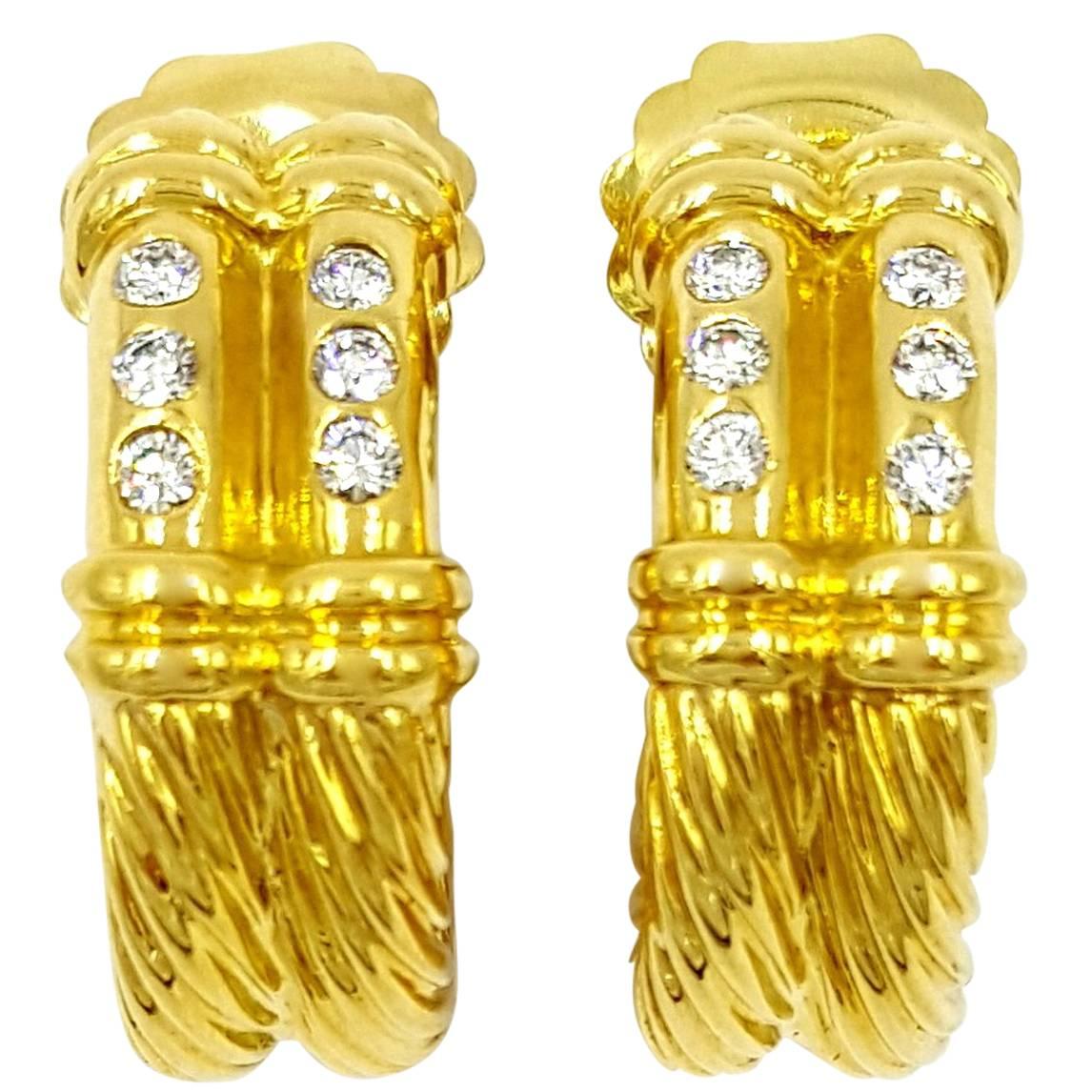 Gorgeous Signed David Yurman Diamond Gold Double Hoops Cable Earrings