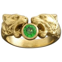 French Art Nouveau Lion Heads Green Garnet Gold Ring 10