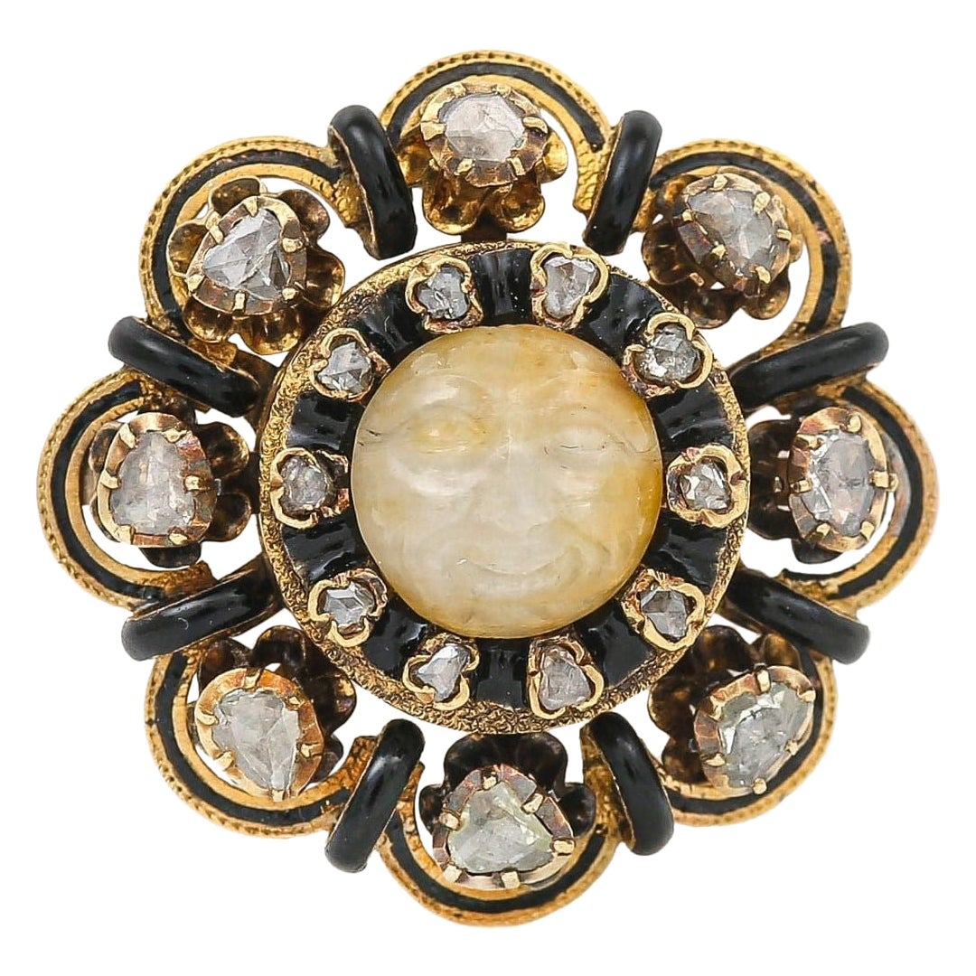 Victorian 18k Gold Man in the Moon Feldspar & Rose Cut Diamond Brooch Circa 1850