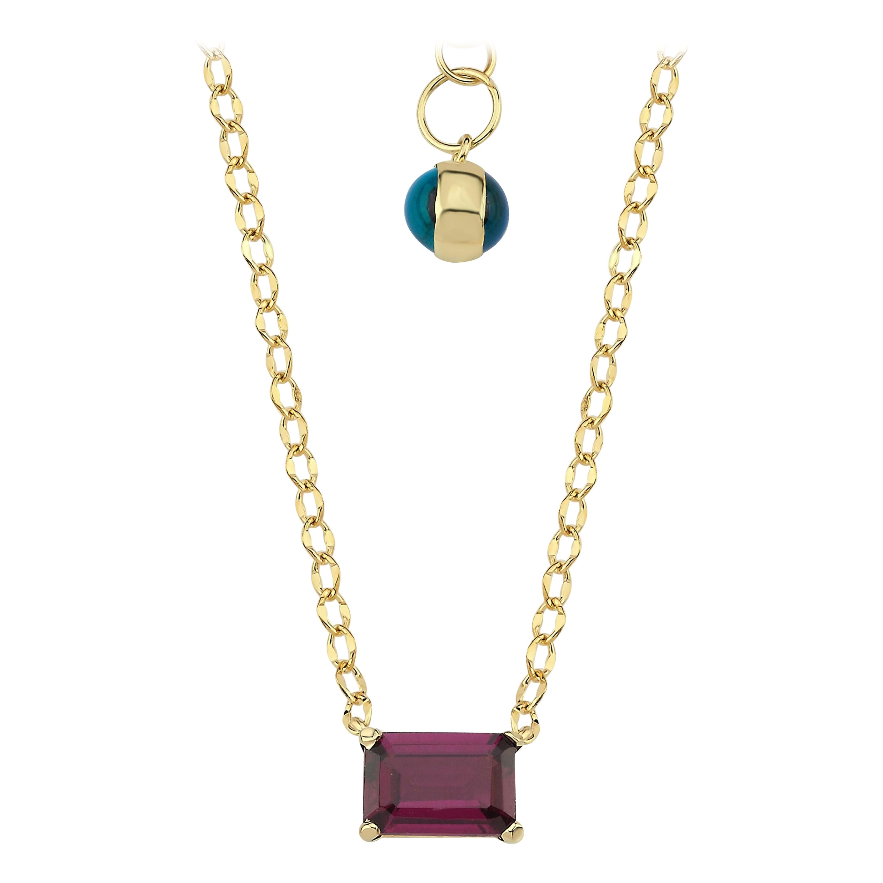 14k Gold Rhodolite Baguette Solitaire Chain Necklace For Sale