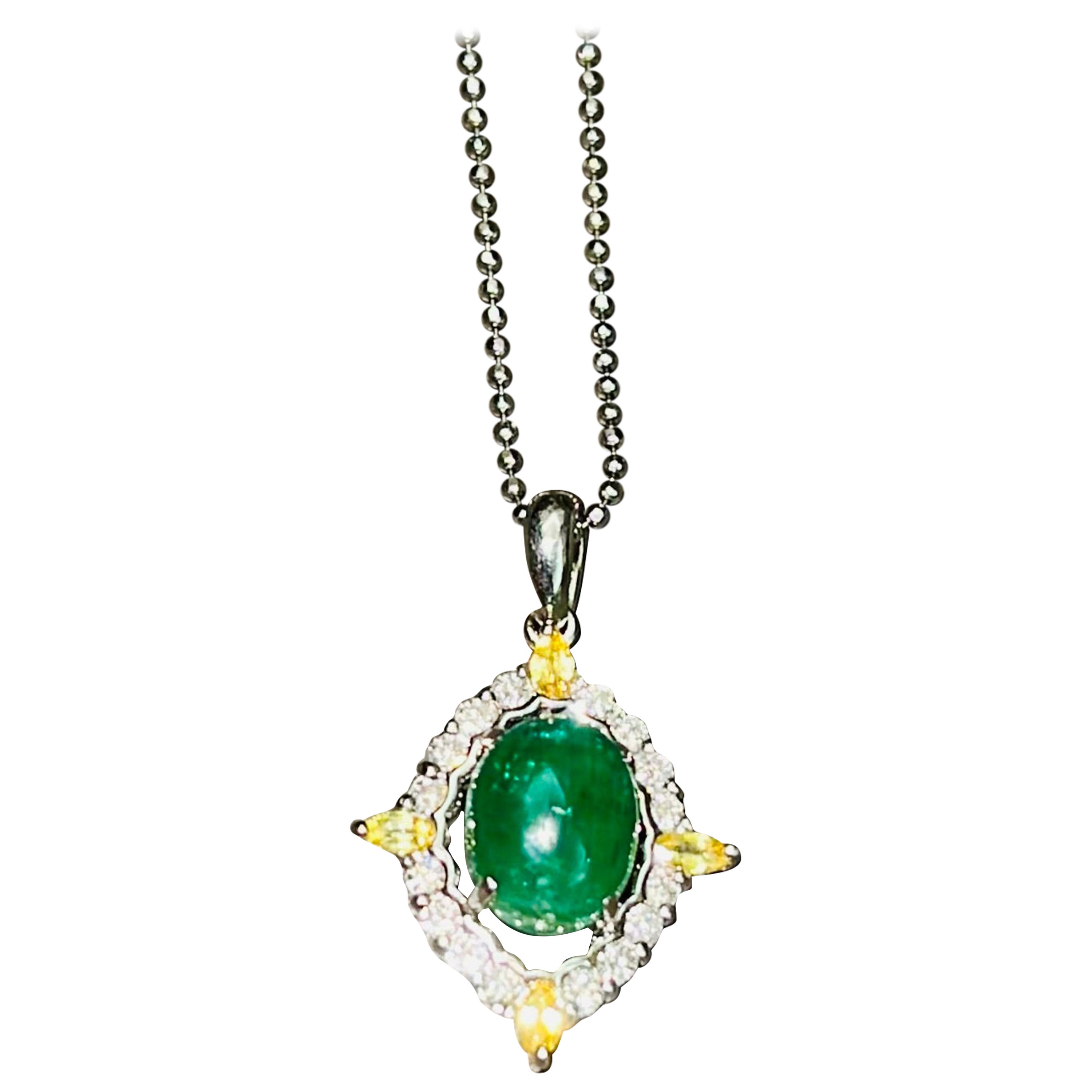 Cab Emerald 3.25 Carat and Diamonds Platinum Pendant w/ Necklace For Sale