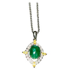 Cab Emerald 3.25 Carat and Diamonds Platinum Pendant w/ Necklace