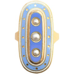 Antique Blue Enamel Pearl Gold Mourning Ring