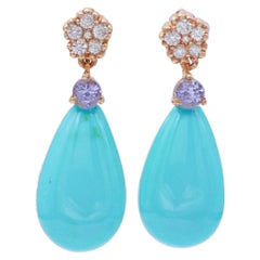 Turquoise, Tanzanite, Diamonds, 14 Karat Rose Gold Earrings