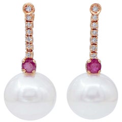 Pearls, Rubies, Diamonds, 14 Karat Rose Gold Tennis Earrings