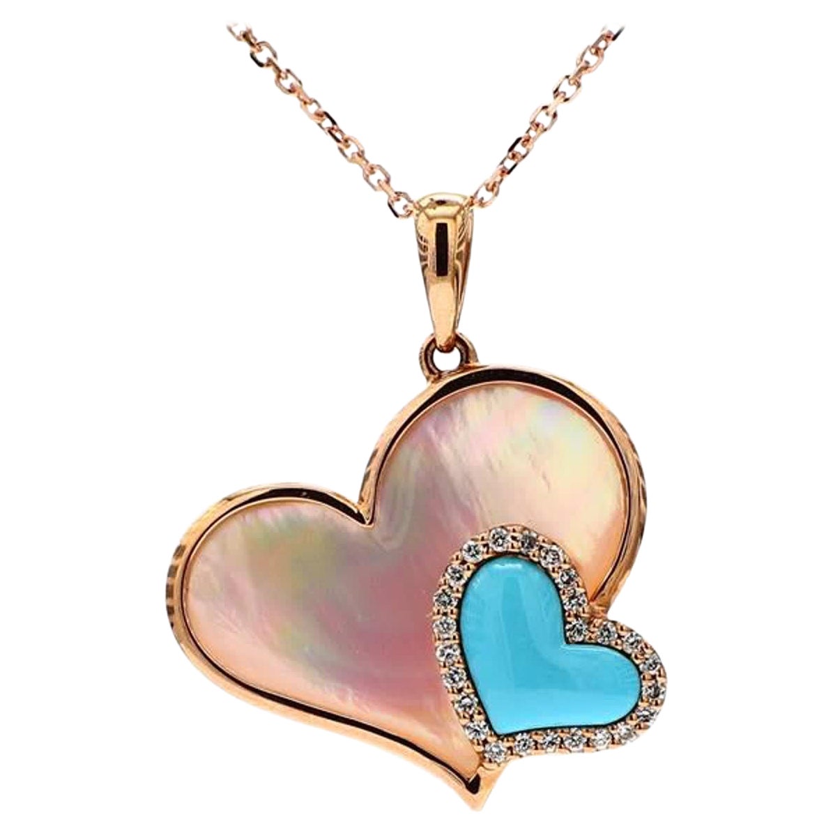 Natural Pink Shell/Turquoise and White Diamond 1.27 Carat TW Rose Gold Pendant