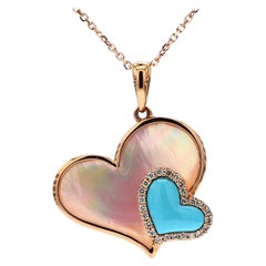 Pendentif en or rose avec coquillage rose naturel, turquoise et diamant blanc de 1,27 carat poids total