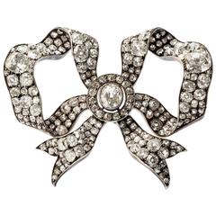 1880s Old Cut Diamonds Silver Sparkling Gold "Bow" Brooch 