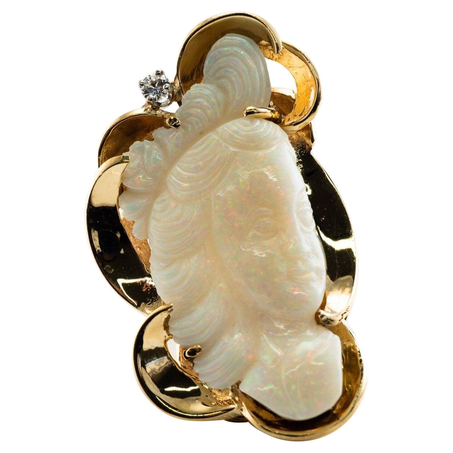 Diamond Opal Ring Cameo 14K Gold Vintage Cocktail For Sale