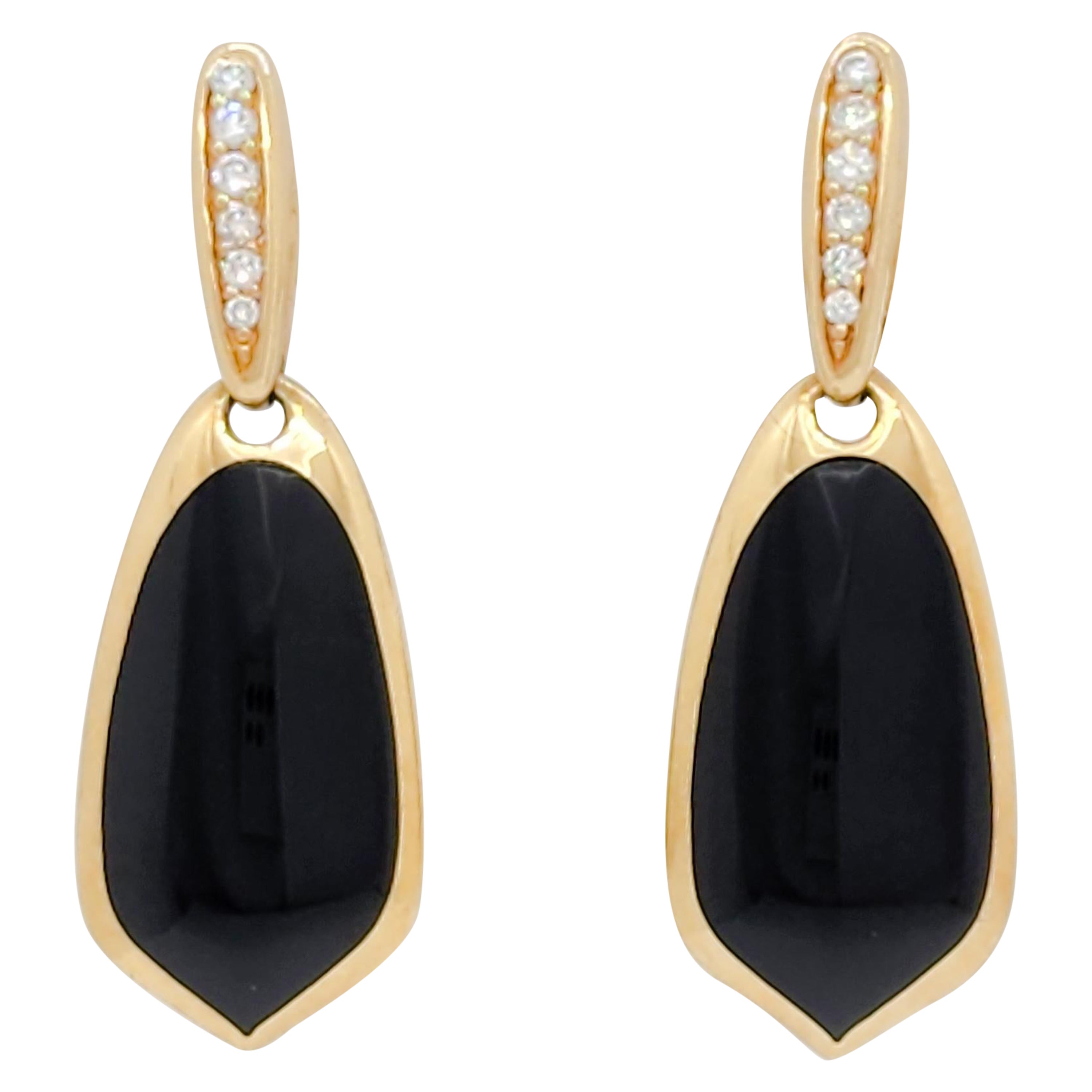Estate Kabana Onyx and Diamond Dangle Earrings in 14k Yellow Gold For Sale