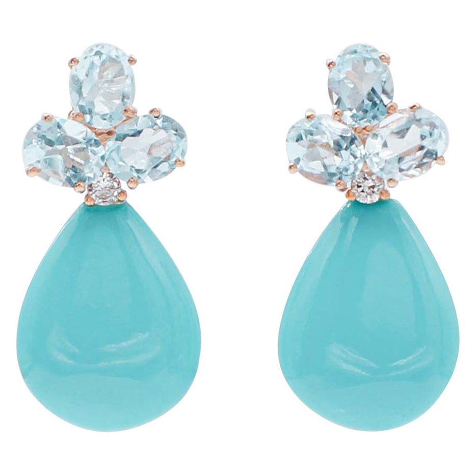 Turquoise, Aquamarine, Diamonds, 14 Karat Rose Gold Retrò Earrings
