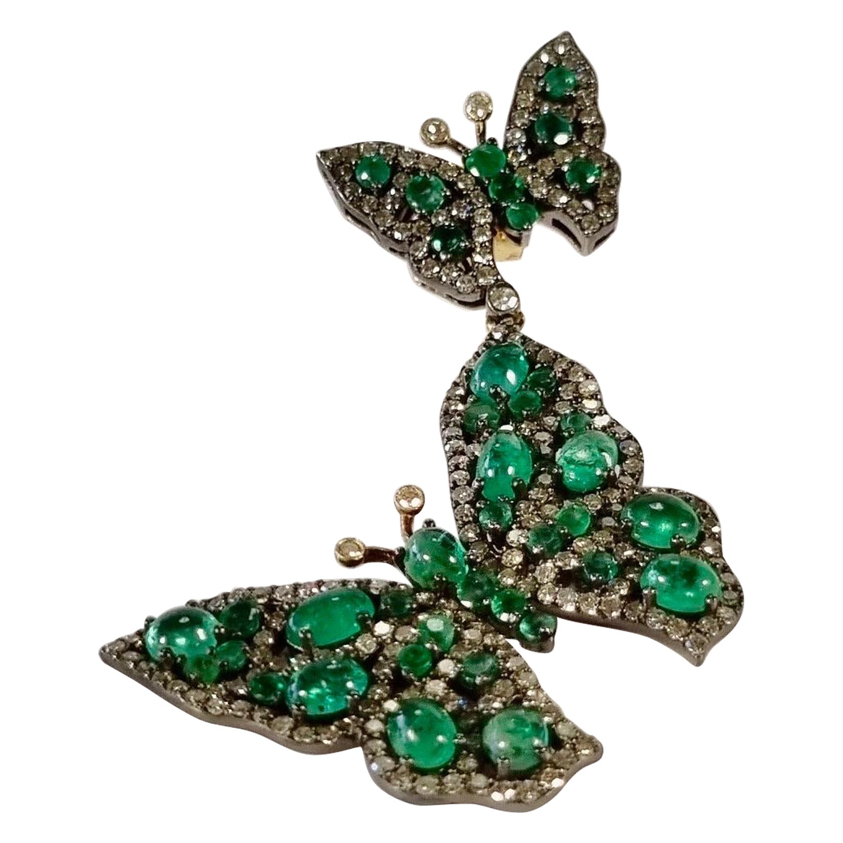Butterfly Emerald Earrings with Diamonds and White and Yellow Gold For Sale