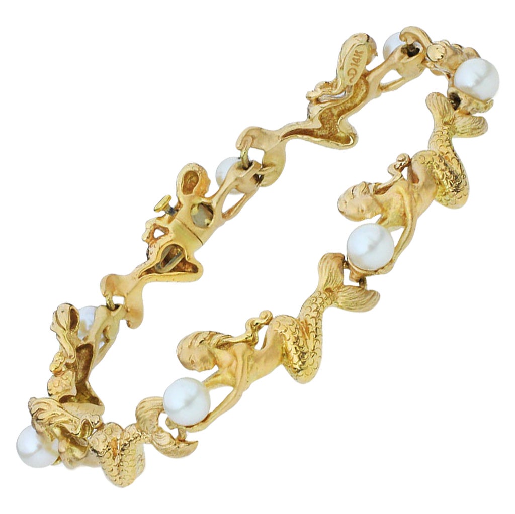 Figural Mermaid 14K Bracelet Holding Pearls For Sale