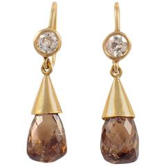 Champagne and White Diamond Gold Drop Earrings